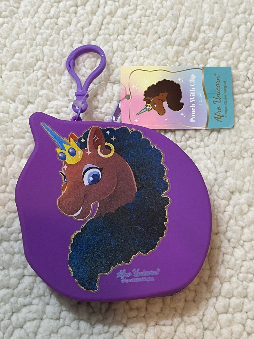 Afro Unicorn™ PURPLE Zip Coin Pouch w/ Clip NEW- dark skin tone
